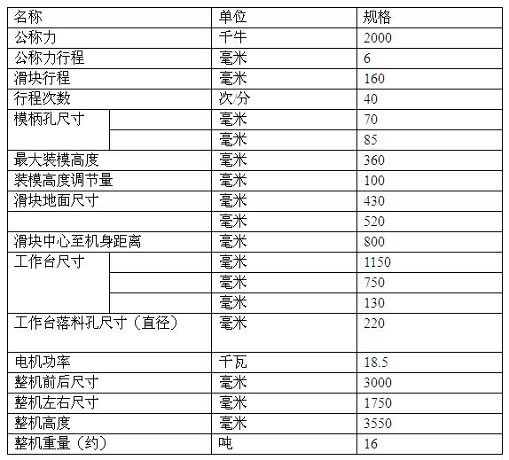 200吨深喉冲床技术参数