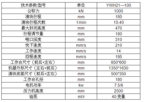 100吨液压冲床技术参数