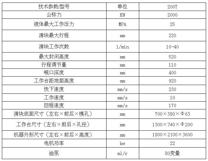 200吨液压冲床技术参数